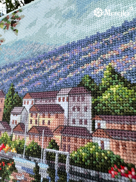 Merejka Cross Stitch Kit, Lago del Porto Landscape, 31.5 x 41.5 cm, Cotton Threads, Canvas, Needle and Chart