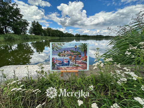 Merejka Cross Stitch Kit, Lago del Porto Landscape, 31.5 x 41.5 cm, Cotton Threads, Canvas, Needle and Chart