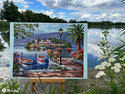 Merejka Cross Stitch Kit, Lago del Porto Landscape, 31.5 x 41.5 cm, Cotton Threads, Canvas, Needle and Chart