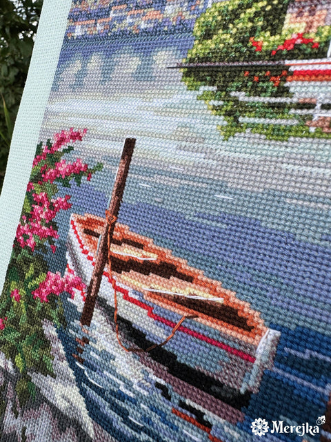 Merejka Cross Stitch Kit, Lago del Porto Landscape, 31.5 x 41.5 cm, Cotton Threads, Canvas, Needle and Chart