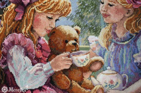 Merejka The Teaparty Counted Cross Stitch Kit, 31 x 37 cm, Aida or Linen Fabric, Multicolor Threads