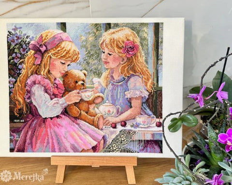 Merejka The Teaparty Counted Cross Stitch Kit, 31 x 37 cm, Aida or Linen Fabric, Multicolor Threads