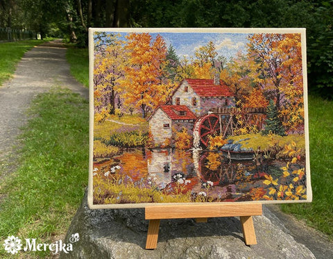 Watermill Cross Stitch Kit, Merejka Aida 16 Cappuccino Canvas, DMC Threads, 29 Colors, 31 x 40 cm