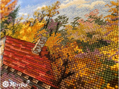 Watermill Cross Stitch Kit, Merejka Aida 16 Cappuccino Canvas, DMC Threads, 29 Colors, 31 x 40 cm