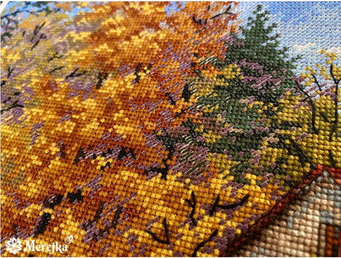 Watermill Cross Stitch Kit, Merejka Aida 16 Cappuccino Canvas, DMC Threads, 29 Colors, 31 x 40 cm