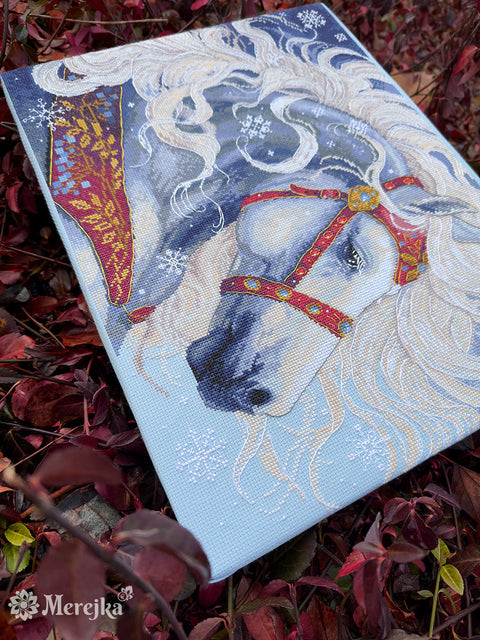 Cross Stitch Kit with Digital Pattern, “Pūga” Winter Landscape, 31 x 40 cm, Merejka, Zweigart Aida 14, 29 DMC Colors