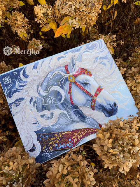 Cross Stitch Kit with Digital Pattern, “Pūga” Winter Landscape, 31 x 40 cm, Merejka, Zweigart Aida 14, 29 DMC Colors