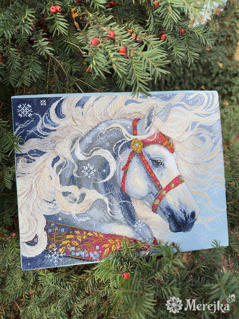 Cross Stitch Kit with Digital Pattern, “Pūga” Winter Landscape, 31 x 40 cm, Merejka, Zweigart Aida 14, 29 DMC Colors