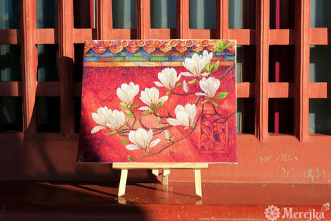 Magnolia Cross Stitch Kit with DMC Threads, Merejka, Zweigart Aida 16, 38 x 32 cm Floral Design