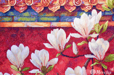 Magnolia Cross Stitch Kit with DMC Threads, Merejka, Zweigart Aida 16, 38 x 32 cm Floral Design