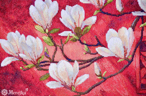 Magnolia Cross Stitch Kit with DMC Threads, Merejka, Zweigart Aida 16, 38 x 32 cm Floral Design