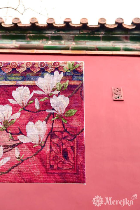 Magnolia Cross Stitch Kit with DMC Threads, Merejka, Zweigart Aida 16, 38 x 32 cm Floral Design