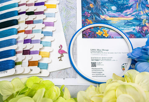 Cross Stitch Embroidery Kit Blue Mirage 32×22 cm, Letistitch, Blue Tones, Aida Fabric, Cotton Threads, Needle and Pattern Included