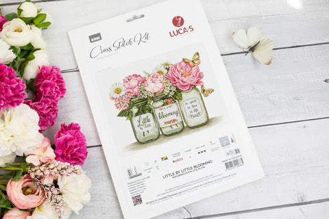 Little by Little Blooming Cross Stitch Kit, Still Life Design, 33 x 24 cm, Luca-S Aida 16 ct, 38 Cotton Thread Colors