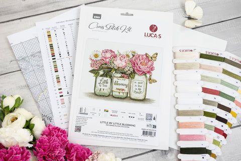 Little by Little Blooming Cross Stitch Kit, Still Life Design, 33 x 24 cm, Luca-S Aida 16 ct, 38 Cotton Thread Colors