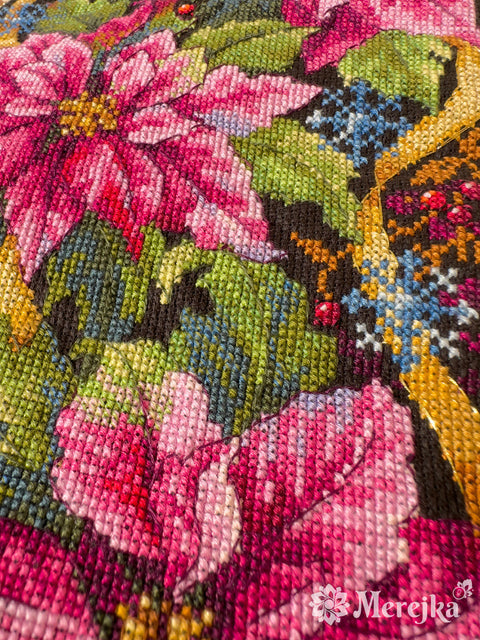 Cross Stitch Kit Christmas Stocking with Pink Poinsettia, Merejka, 35 x 22 cm, Beginner-Friendly Holiday Decor