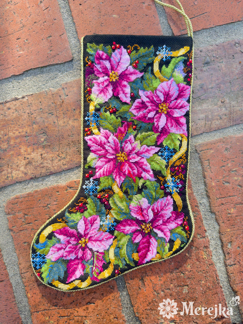 Cross Stitch Kit Christmas Stocking with Pink Poinsettia, Merejka, 35 x 22 cm, Beginner-Friendly Holiday Decor