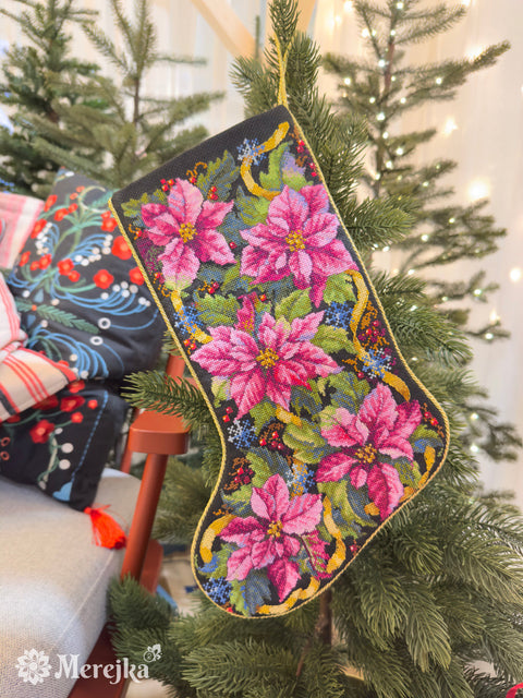 Cross Stitch Kit Christmas Stocking with Pink Poinsettia, Merejka, 35 x 22 cm, Beginner-Friendly Holiday Decor