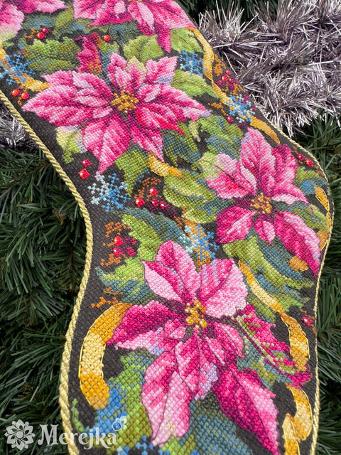 Cross Stitch Kit Christmas Stocking with Pink Poinsettia, Merejka, 35 x 22 cm, Beginner-Friendly Holiday Decor