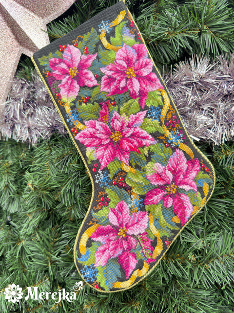 Cross Stitch Kit Christmas Stocking with Pink Poinsettia, Merejka, 35 x 22 cm, Beginner-Friendly Holiday Decor