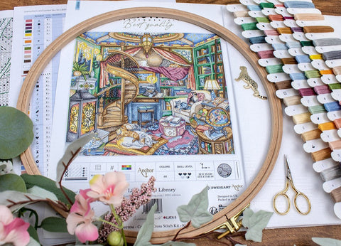 LetiStitch Home Library Cross Stitch Kit, 35 x 32 cm, Zweigart Aida 16ct, Anchor Cotton Threads, Intermediate 3-Star Skill Level