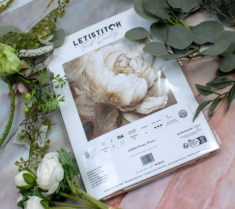 LetiStitch Peony Poses Cross Stitch Kit, 35x35 cm, Zweigart Aida 16ct, Anchor Cotton Threads, Black Symbol Chart