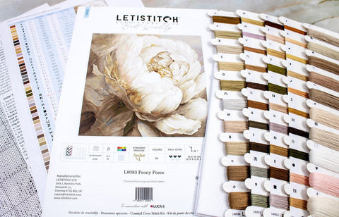 LetiStitch Peony Poses Cross Stitch Kit, 35x35 cm, Zweigart Aida 16ct, Anchor Cotton Threads, Black Symbol Chart