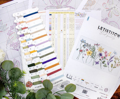 Summer Bloom Cross Stitch Kit, LetiStitch 36x17cm, Zweigart Aida 16ct, Anchor Cotton Threads, Floral Design