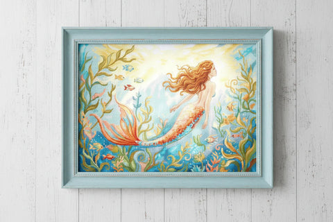 Mermaid Cross Stitch Kit, Mermaid Dreams Pattern, Letistitch, 36 x 27 cm, Zweigart Aida 16 Count, 54 Cotton Thread Colors