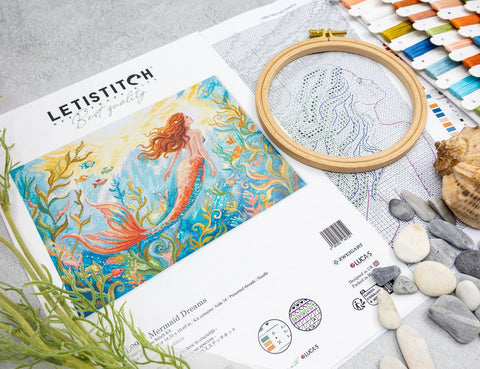 Mermaid Cross Stitch Kit, Mermaid Dreams Pattern, Letistitch, 36 x 27 cm, Zweigart Aida 16 Count, 54 Cotton Thread Colors