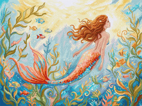 Mermaid Cross Stitch Kit, Mermaid Dreams Pattern, Letistitch, 36 x 27 cm, Zweigart Aida 16 Count, 54 Cotton Thread Colors