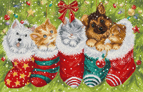 Christmas Cross Stitch Kit with Dogs and Cats in Stockings, Letistitch, Multicolor, 37 x 24 cm, Canvas, Cotton Threads, Needle