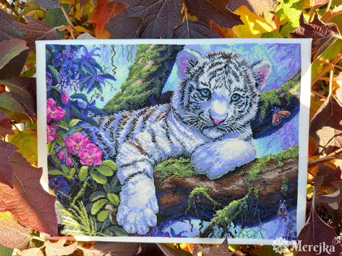 White Tiger Cross Stitch Embroidery Kit, Merejka, 37 × 29 cm, Detailed Pattern and Supplies for Wall Decor