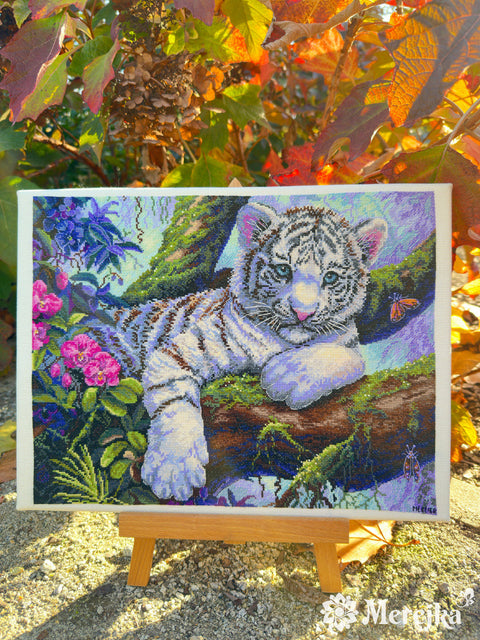 White Tiger Cross Stitch Embroidery Kit, Merejka, 37 × 29 cm, Detailed Pattern and Supplies for Wall Decor