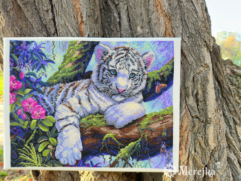White Tiger Cross Stitch Embroidery Kit, Merejka, 37 × 29 cm, Detailed Pattern and Supplies for Wall Decor