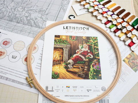 Santa's Rest by the Chimney Cross Stitch Kit, LetiStitch, 38.5 x 40 cm, Zweigart Aida 16ct, Anchor Cotton Threads