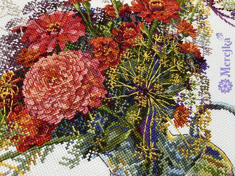 Merejka Cross Stitch Kit, Zinnia and Dill Botanical Design, Aida Canvas, Cotton Threads, Symbol Chart and Needle