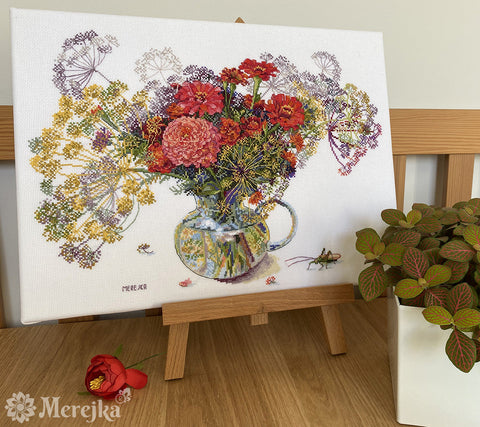 Merejka Zinnia and Dill Cross Stitch Kit, Multicolor Floral Embroidery Design, Intermediate Craft Project for Framing and Decor