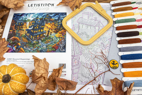 Halloween Cross Stitch Kit Haunted Happenings City Scene, Letistitch, Zweigart Aida 16 ct, 57 Colors, 38 x 31 cm
