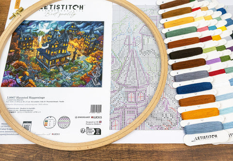 Halloween Cross Stitch Kit Haunted Happenings City Scene, Letistitch, Zweigart Aida 16 ct, 57 Colors, 38 x 31 cm