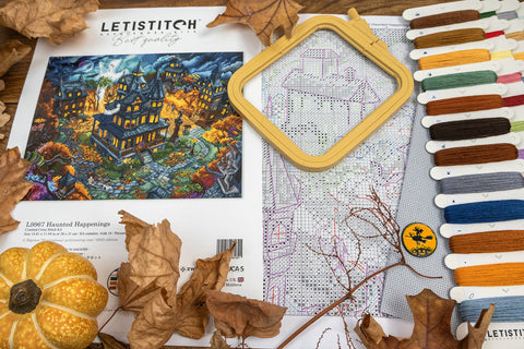 Halloween Cross Stitch Kit Haunted Happenings City Scene, Letistitch, Zweigart Aida 16 ct, 57 Colors, 38 x 31 cm