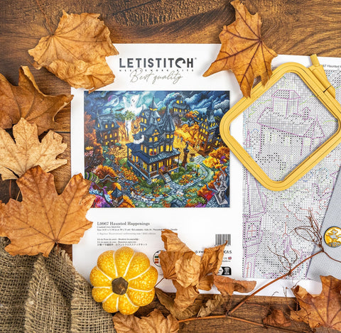Halloween Cross Stitch Kit Haunted Happenings City Scene, Letistitch, Zweigart Aida 16 ct, 57 Colors, 38 x 31 cm