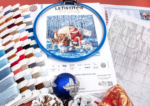 Santa and Friends Counted Cross Stitch Kit, 38 x 38 cm, LetiStitch, Zweigart Aida 16ct, Anchor Cotton Threads, Christmas Design