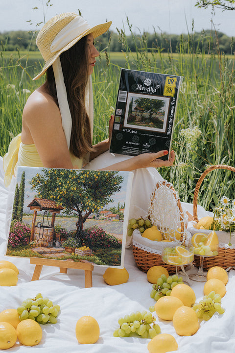 Cross Stitch Kit Under the Lemon Tree Nature Design, Merejka, 39.5 x 30 cm, DMC Threads, Zweigart Aida 16 Canvas