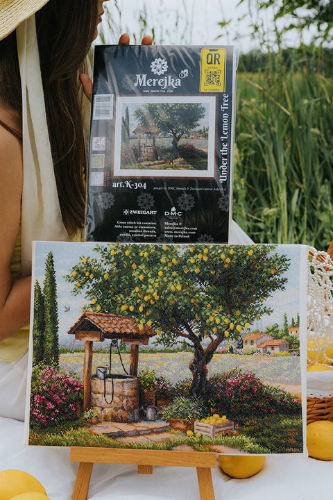 Cross Stitch Kit Under the Lemon Tree Nature Design, Merejka, 39.5 x 30 cm, DMC Threads, Zweigart Aida 16 Canvas