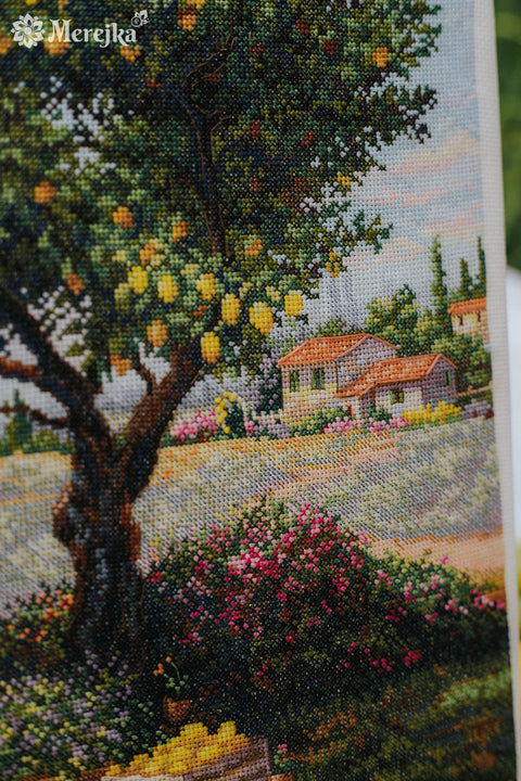 Cross Stitch Kit Under the Lemon Tree Nature Design, Merejka, 39.5 x 30 cm, DMC Threads, Zweigart Aida 16 Canvas