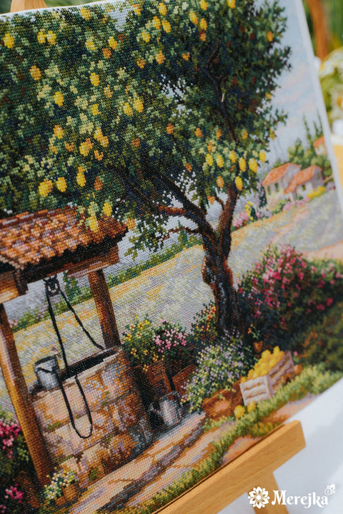 Cross Stitch Kit Under the Lemon Tree Nature Design, Merejka, 39.5 x 30 cm, DMC Threads, Zweigart Aida 16 Canvas