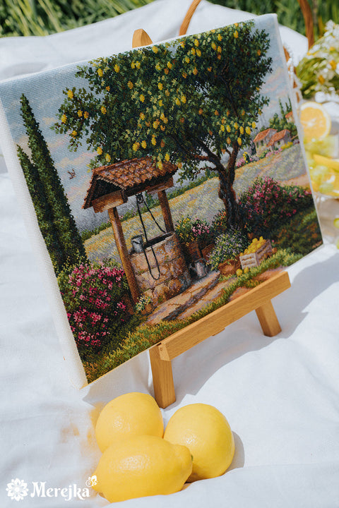 Cross Stitch Kit Under the Lemon Tree Nature Design, Merejka, 39.5 x 30 cm, DMC Threads, Zweigart Aida 16 Canvas