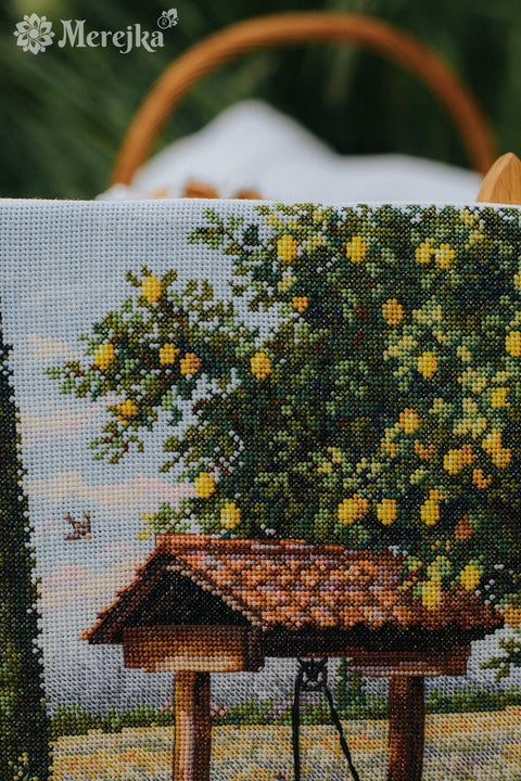 Cross Stitch Kit Under the Lemon Tree Nature Design, Merejka, 39.5 x 30 cm, DMC Threads, Zweigart Aida 16 Canvas