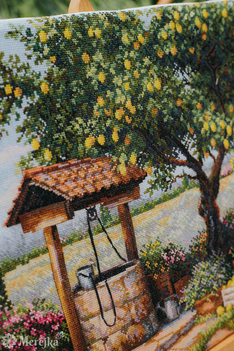 Cross Stitch Kit Under the Lemon Tree Nature Design, Merejka, 39.5 x 30 cm, DMC Threads, Zweigart Aida 16 Canvas